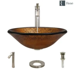 Rene 18" Round Glass Bathroom Sink, Orange Gold Foil, with Faucet, R5-5013-R9-7006-BN