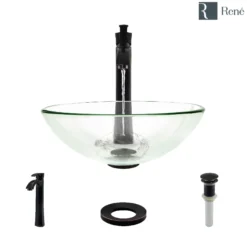 Rene 17" Round Glass Bathroom Sink, Crystal, with Faucet, R5-5001-CRY-R9-7006-ABR