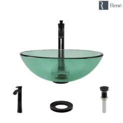 Rene 17" Round Glass Bathroom Sink, Ivy, with Faucet, R5-5001-IVY-R9-7006-ABR