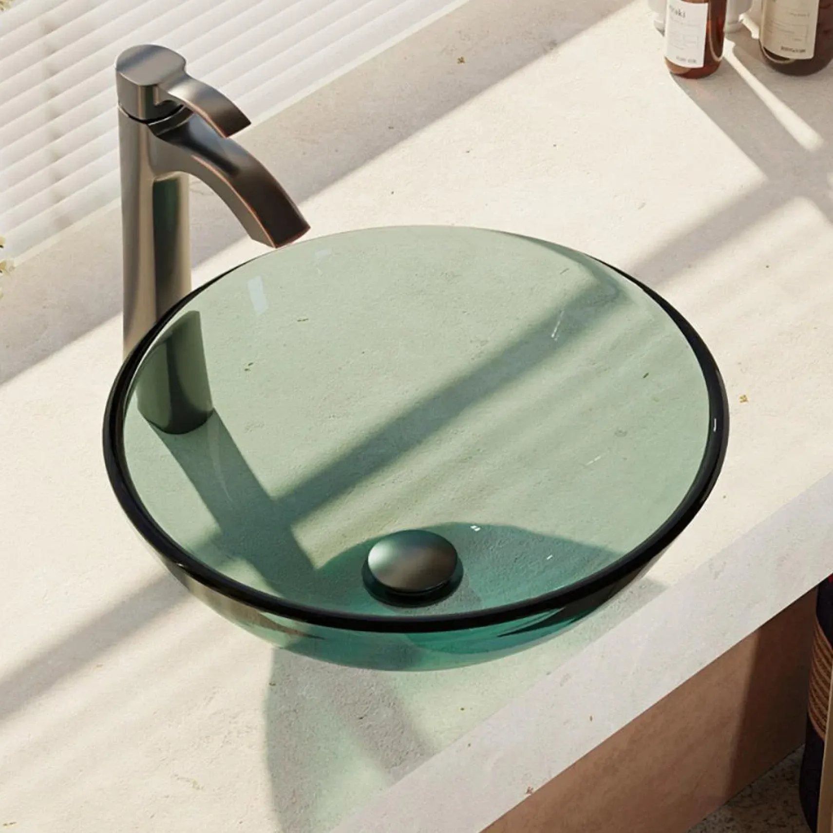 Rene 17" Round Glass Bathroom Sink, Ivy, with Faucet, R5-5001-IVY-R9-7006-ABR