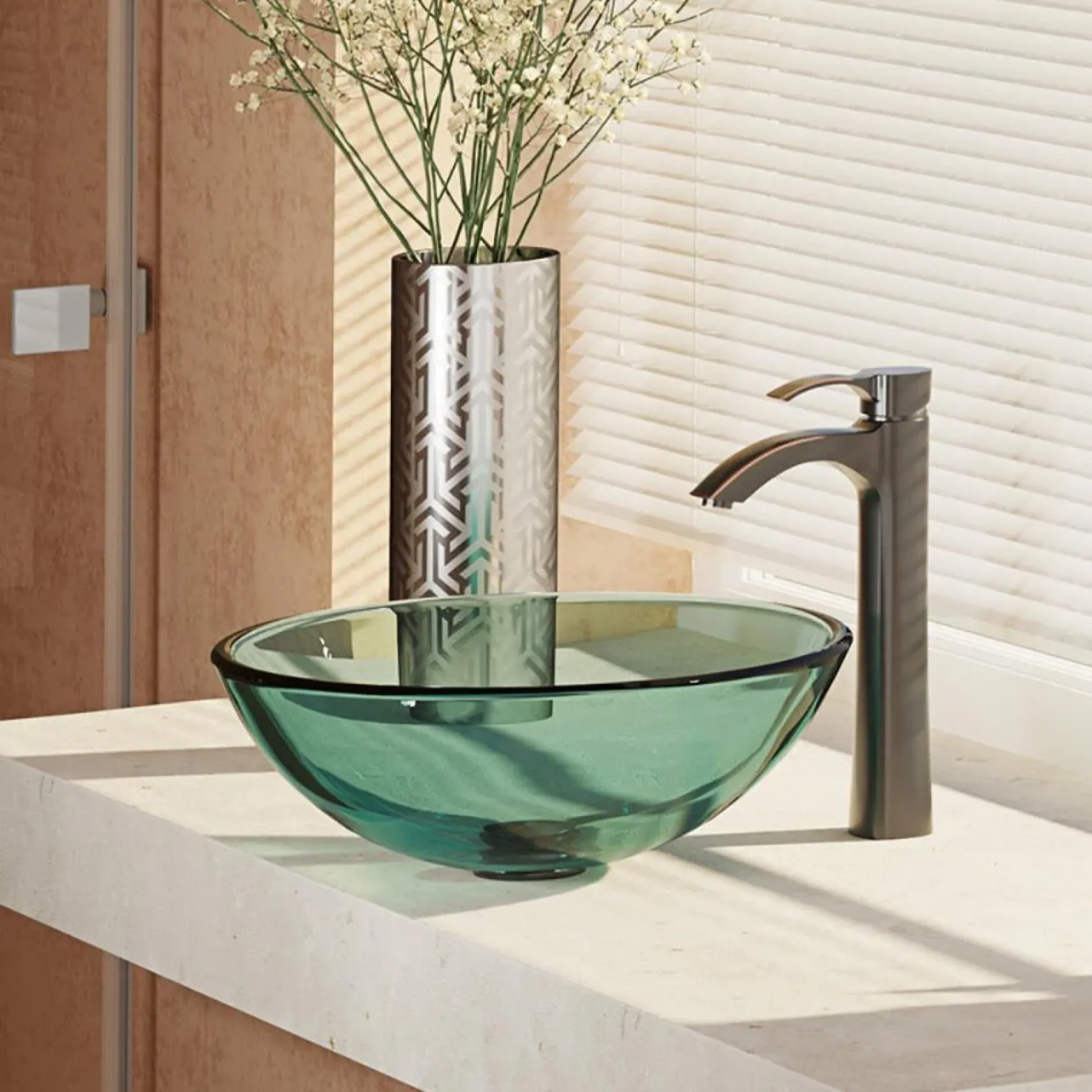 Rene 17" Round Glass Bathroom Sink, Ivy, with Faucet, R5-5001-IVY-R9-7006-ABR