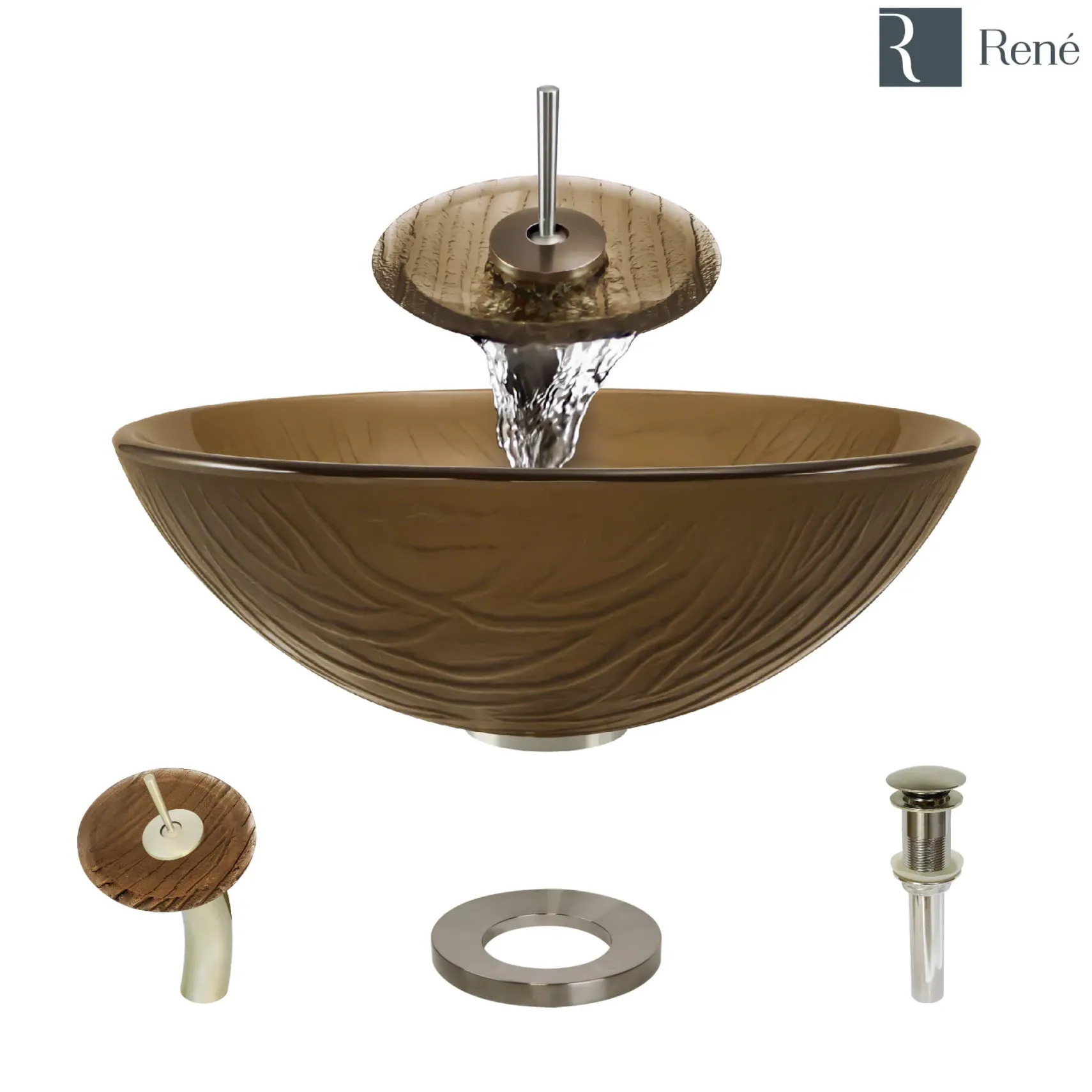 Rene 17" Round Glass Bathroom Sink, Beach Sand, with Faucet, R5-5025-WF-BN