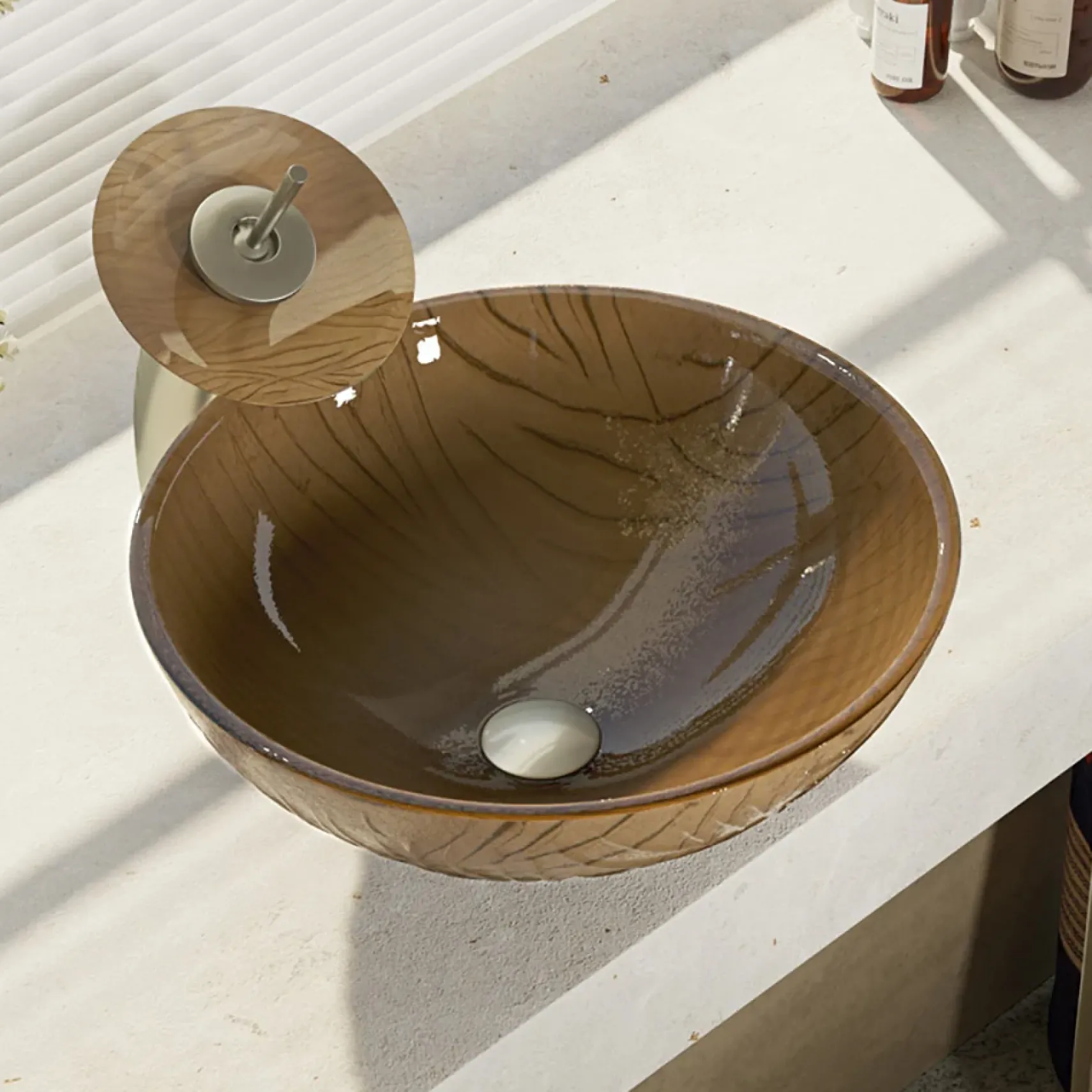 Rene 17" Round Glass Bathroom Sink, Beach Sand, with Faucet, R5-5025-WF-BN