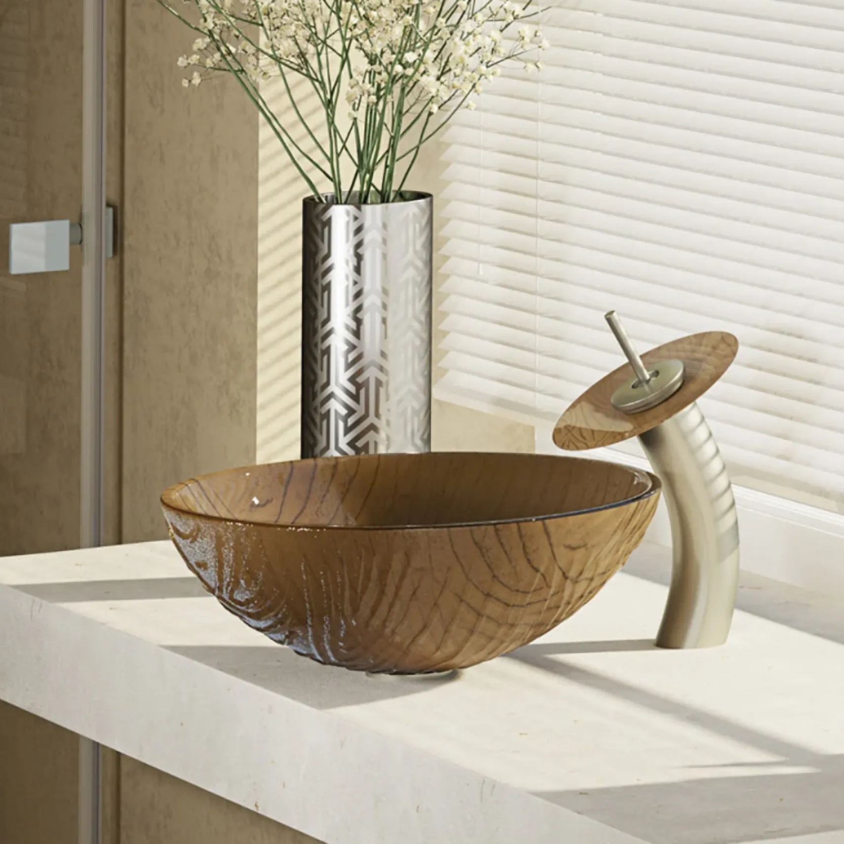 Rene 17" Round Glass Bathroom Sink, Beach Sand, with Faucet, R5-5025-WF-BN