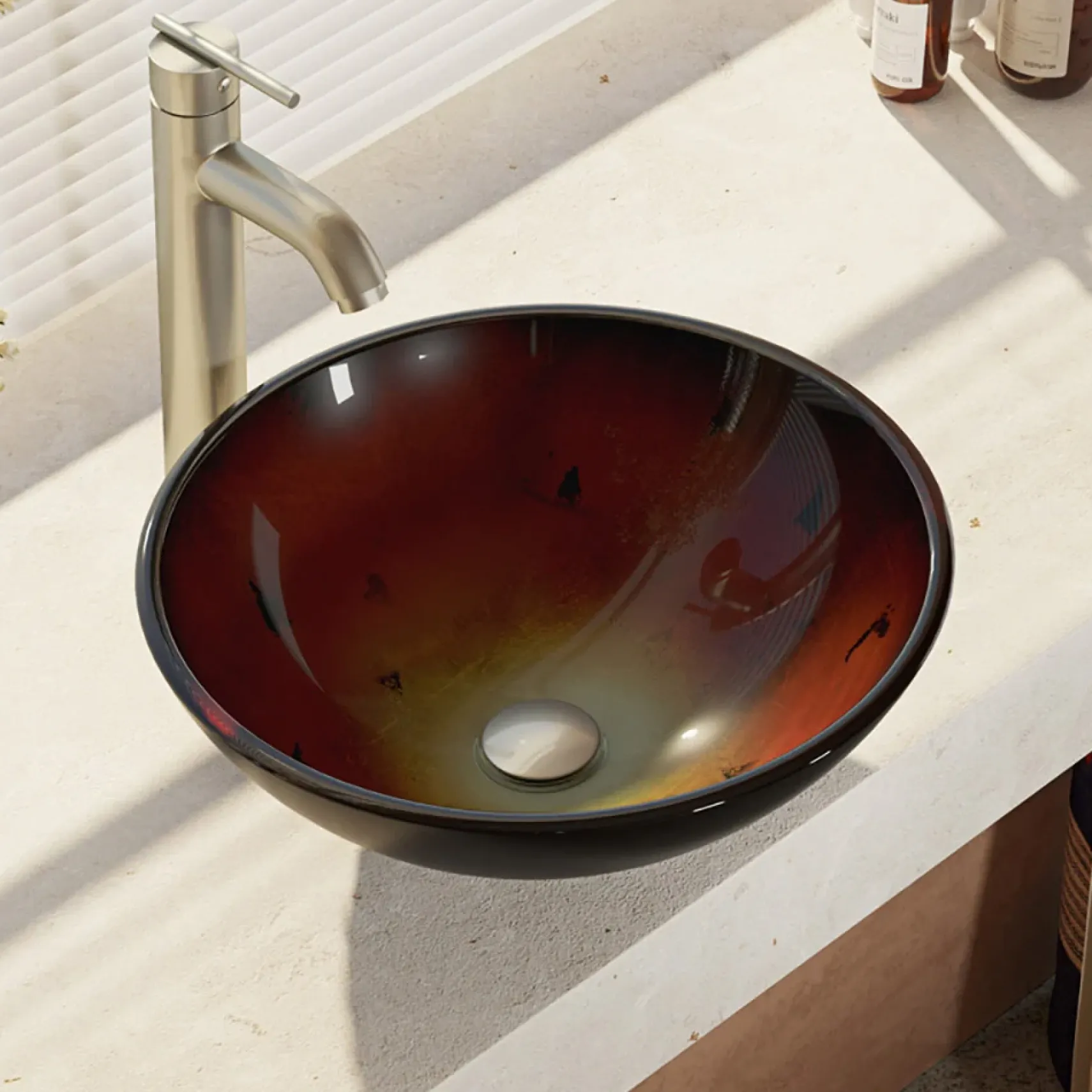 Rene 17" Round Glass Bathroom Sink, Gradient Red, with Faucet, R5-5007-R9-7001-BN
