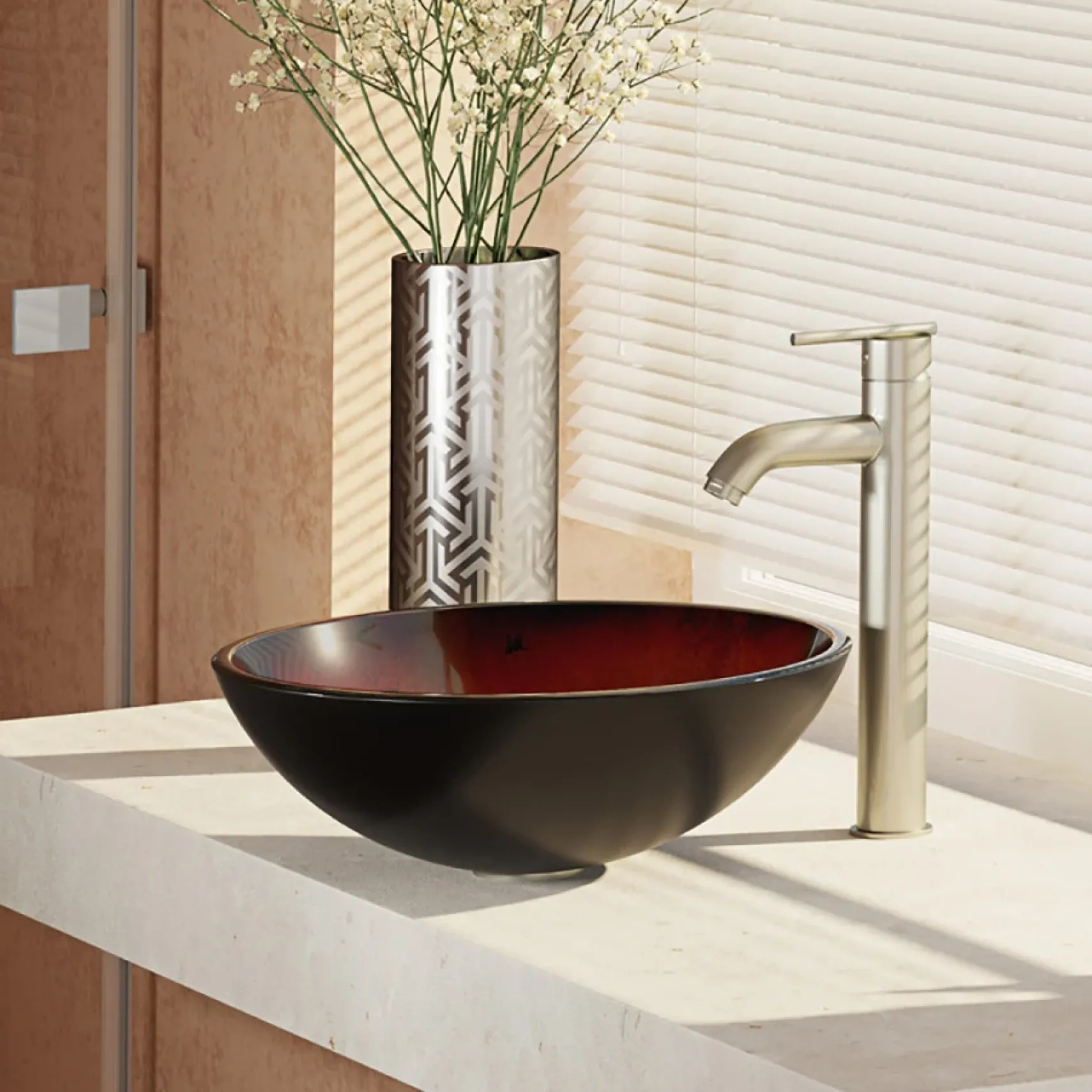 Rene 17" Round Glass Bathroom Sink, Gradient Red, with Faucet, R5-5007-R9-7001-BN