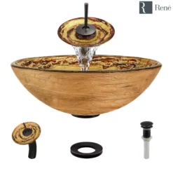 Rene 17" Round Glass Bathroom Sink, Golden and auburn, with Faucet, R5-5029-WF-ABR