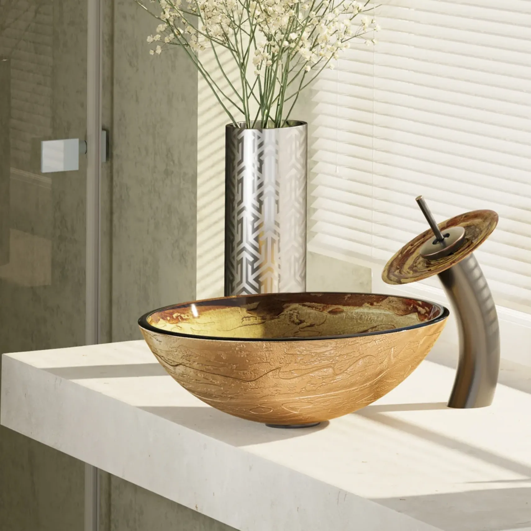 Rene 17" Round Glass Bathroom Sink, Golden and auburn, with Faucet, R5-5029-WF-ABR