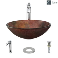 Rene 17" Round Glass Bathroom Sink, Multi-Color, with Faucet, R5-5014-R9-7006-C