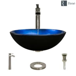 Rene 17" Round Glass Bathroom Sink, Gradient Blue, with Faucet, R5-5008-R9-7007-BN