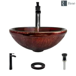 Rene 17" Round Glass Bathroom Sink, Fiery Red, with Faucet, R5-5018-R9-7007-ABR