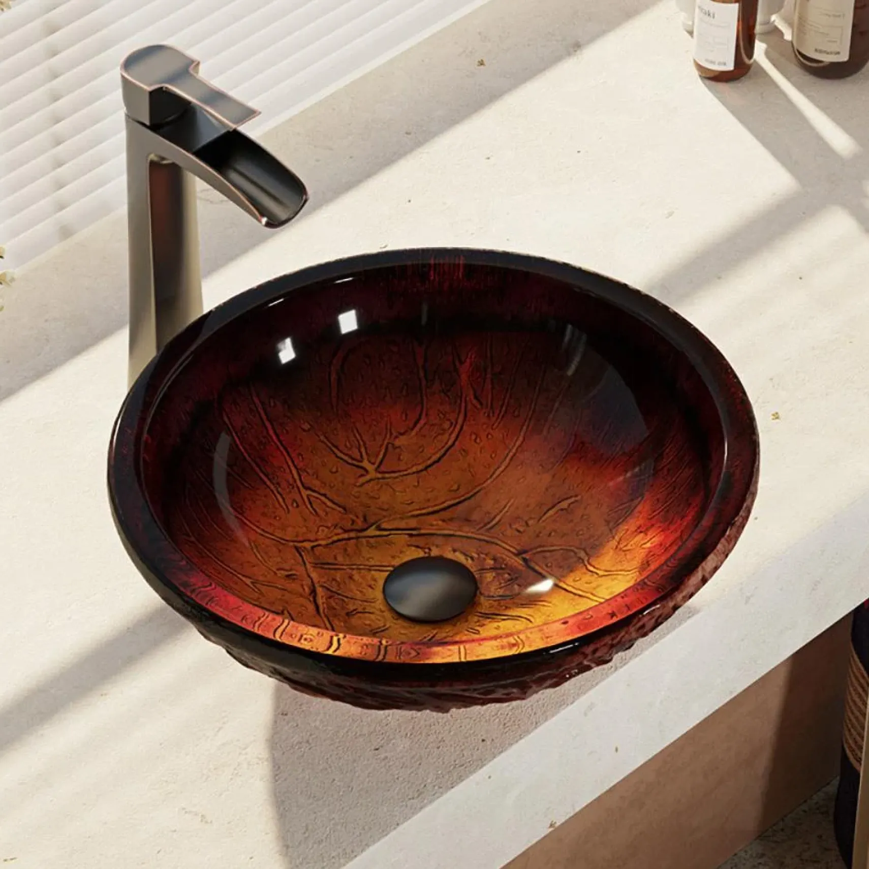 Rene 17" Round Glass Bathroom Sink, Fiery Red, with Faucet, R5-5018-R9-7007-ABR