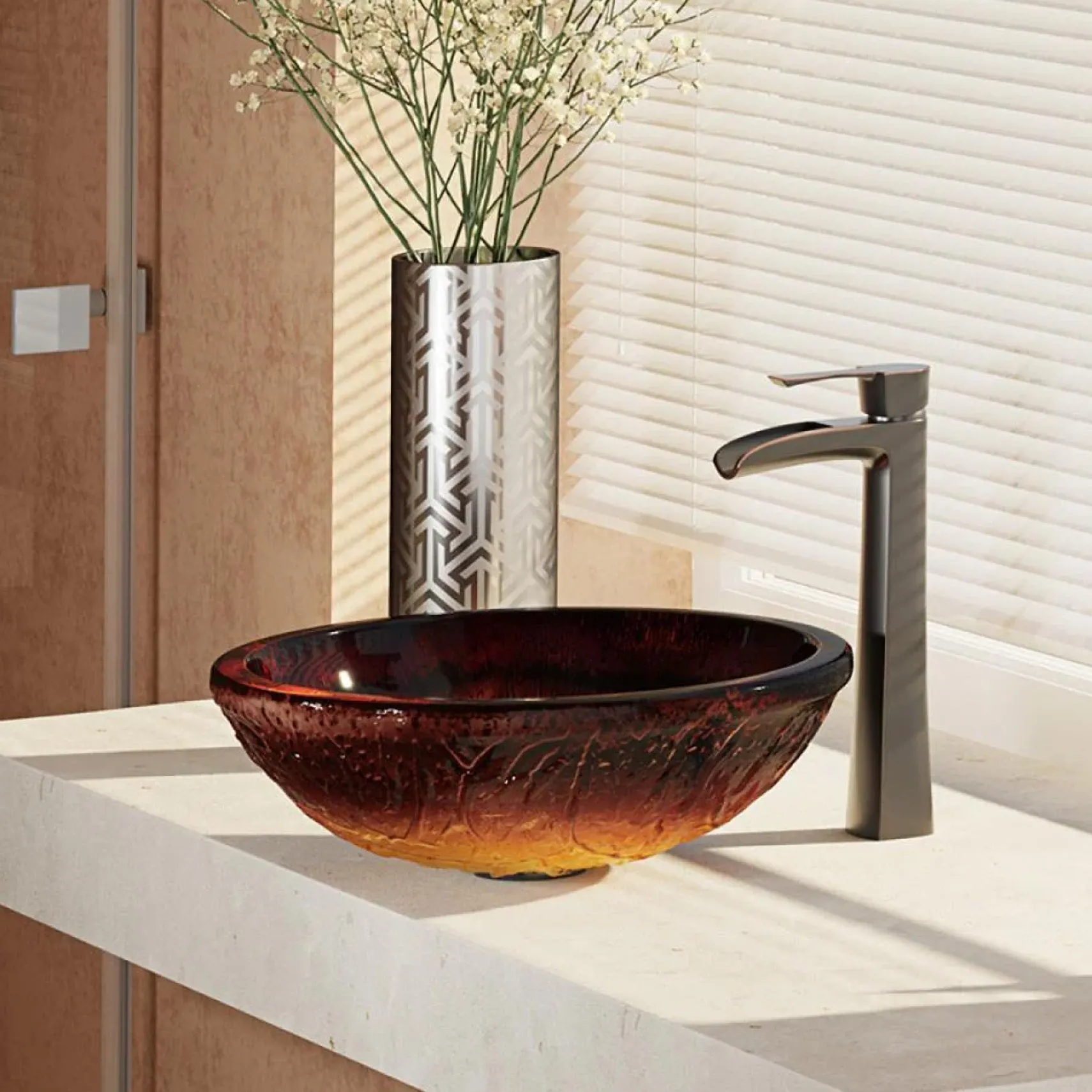Rene 17" Round Glass Bathroom Sink, Fiery Red, with Faucet, R5-5018-R9-7007-ABR