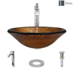 Rene 18" Round Glass Bathroom Sink, Orange Gold Foil, with Faucet, R5-5013-R9-7006-C