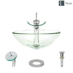 Rene 17" Round Glass Bathroom Sink, Crystal, with Faucet, R5-5001-CRY-WF-C