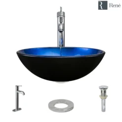 Rene 17" Round Glass Bathroom Sink, Gradient Blue, with Faucet, R5-5008-R9-7001-C