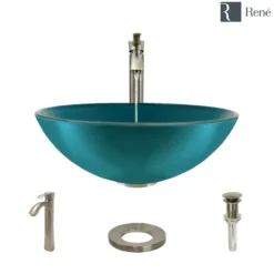 Rene 17" Round Glass Bathroom Sink, Cerulean, with Faucet, R5-5001-CER-R9-7006-BN