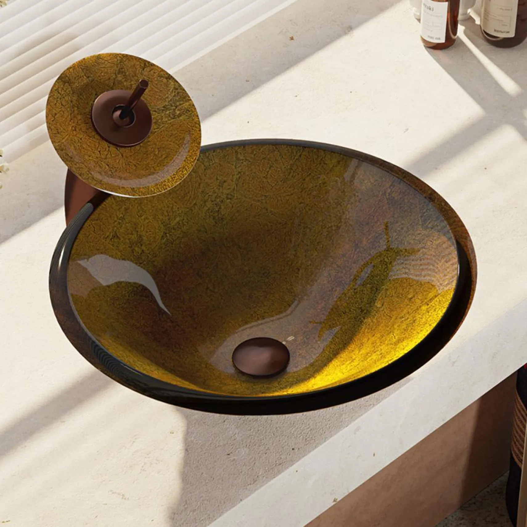 Rene 18" Round Glass Bathroom Sink, Orange Gold Foil, with Faucet, R5-5013-WF-ORB