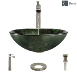 Rene 17" Round Glass Bathroom Sink, Forest Green, with Faucet, R5-5027-R9-7007-BN
