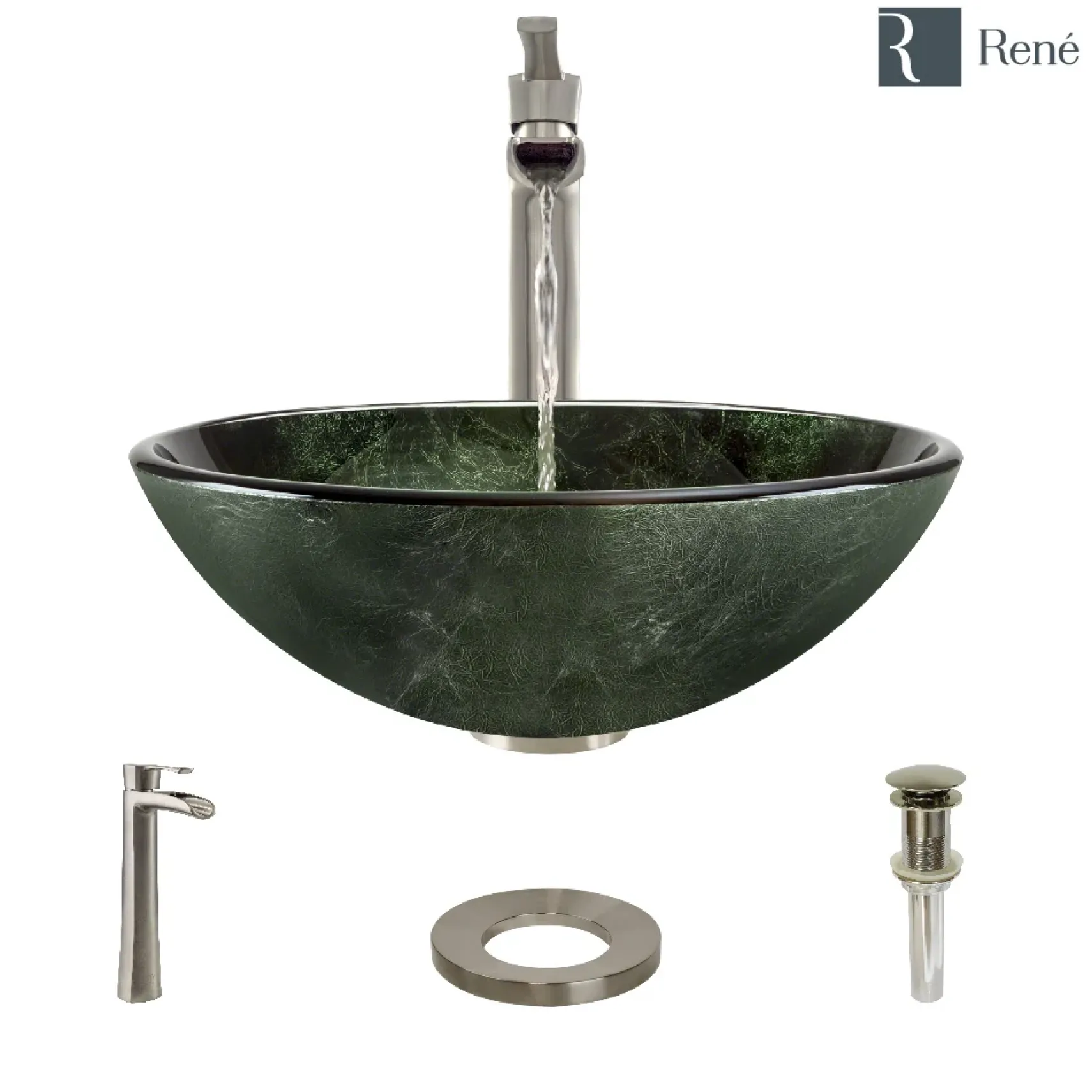 Rene 17" Round Glass Bathroom Sink, Forest Green, with Faucet, R5-5027-R9-7007-BN