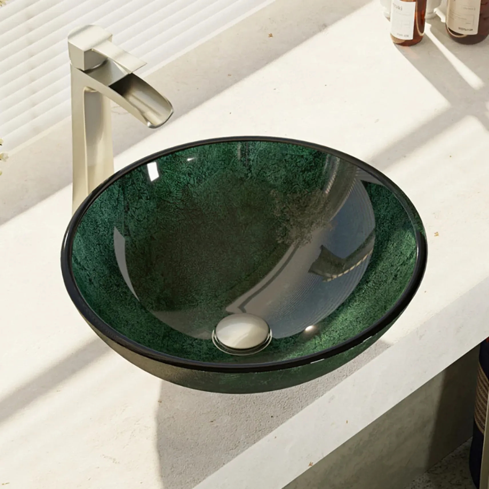 Rene 17" Round Glass Bathroom Sink, Forest Green, with Faucet, R5-5027-R9-7007-BN
