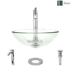 Rene 17" Round Glass Bathroom Sink, Crystal, with Faucet, R5-5001-CRY-R9-7006-C