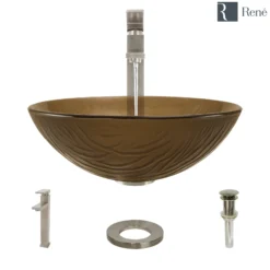 Rene 17" Round Glass Bathroom Sink, Beach Sand, with Faucet, R5-5025-R9-7003-BN
