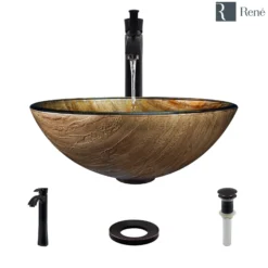 Rene 17" Round Glass Bathroom Sink, Bronze, with Faucet, R5-5030-R9-7006-ABR