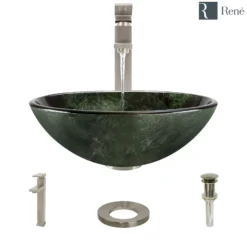 Rene 17" Round Glass Bathroom Sink, Forest Green, with Faucet, R5-5027-R9-7003-BN