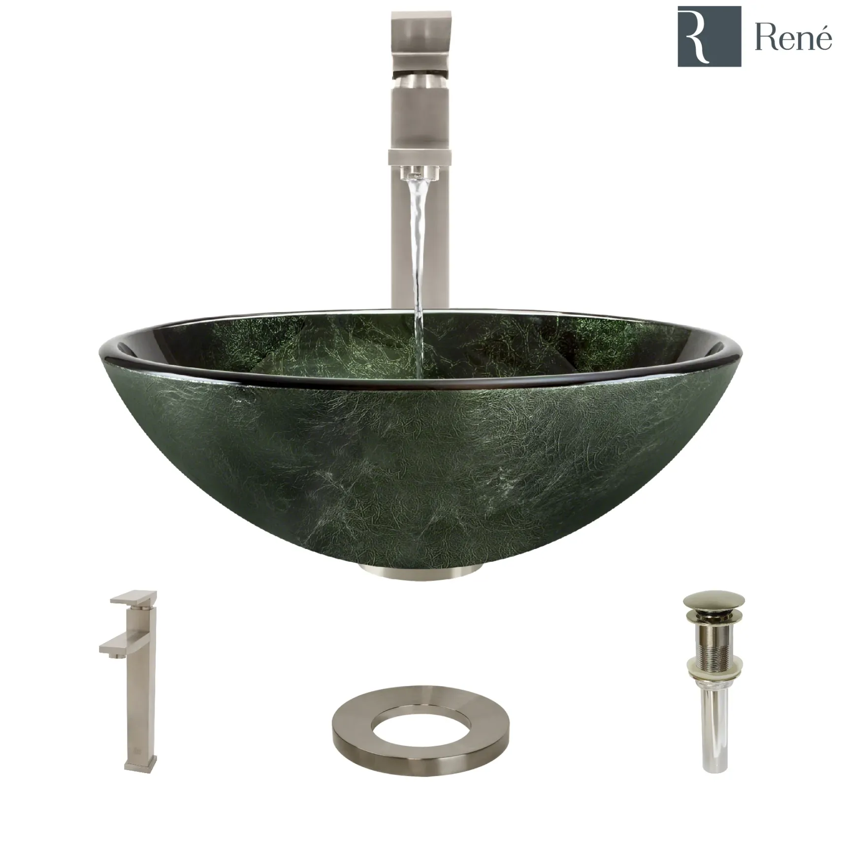Rene 17" Round Glass Bathroom Sink, Forest Green, with Faucet, R5-5027-R9-7003-BN