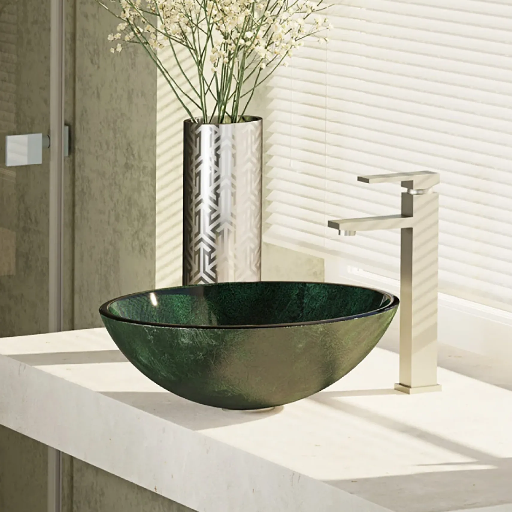 Rene 17" Round Glass Bathroom Sink, Forest Green, with Faucet, R5-5027-R9-7003-BN
