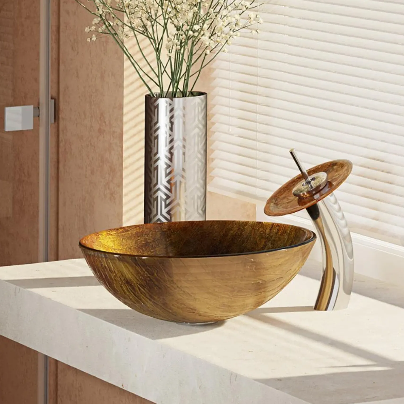 Rene 17" Round Glass Bathroom Sink, Bronze, with Faucet, R5-5030-WF-C