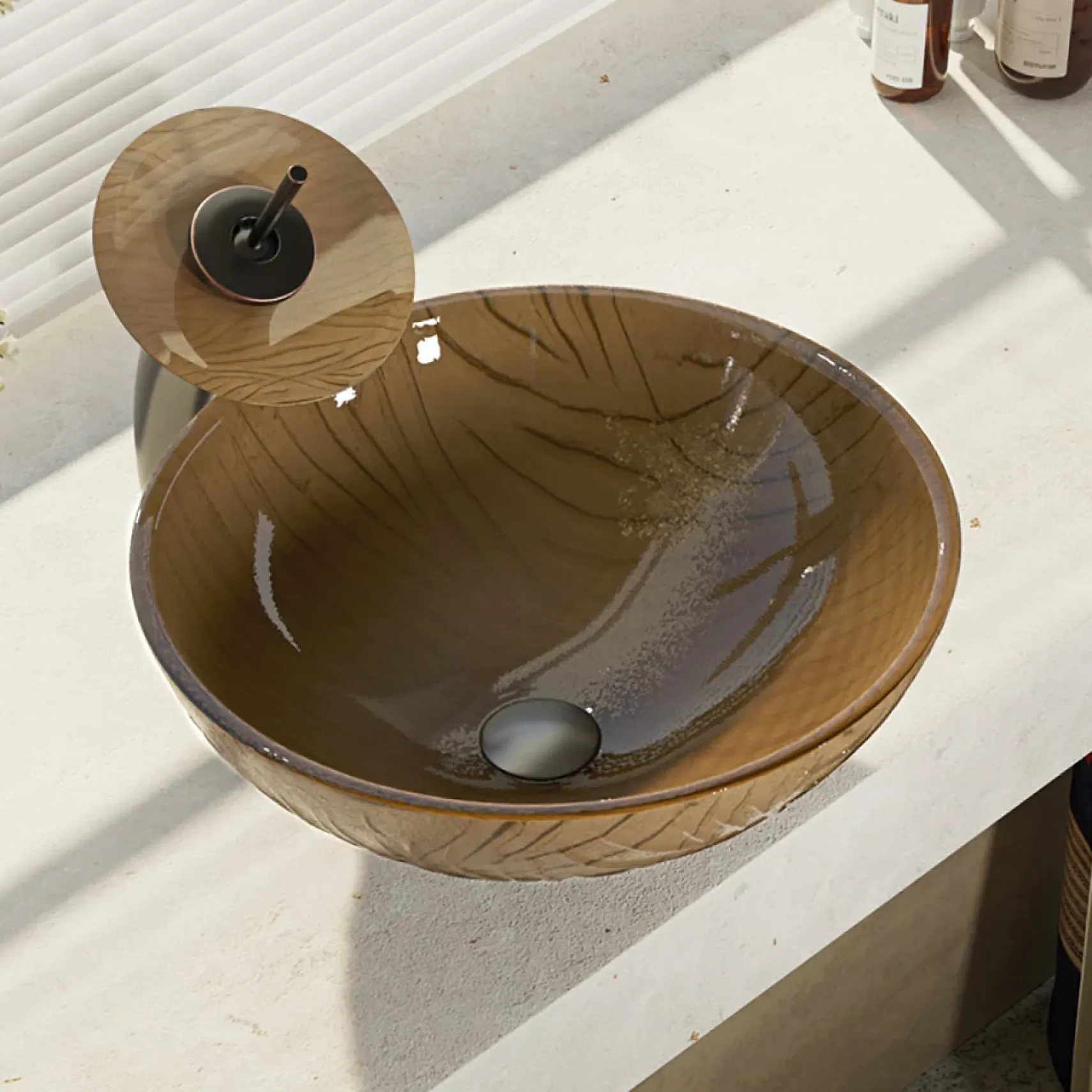 Rene 17" Round Glass Bathroom Sink, Beach Sand, with Faucet, R5-5025-WF-ABR