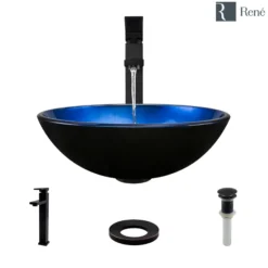 Rene 17" Round Glass Bathroom Sink, Gradient Blue, with Faucet, R5-5008-R9-7003-ABR