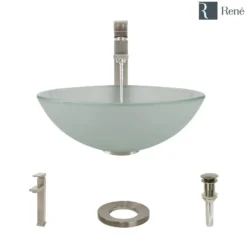 Rene 17" Round Glass Bathroom Sink, Frosted, with Faucet, R5-5002-R9-7003-BN