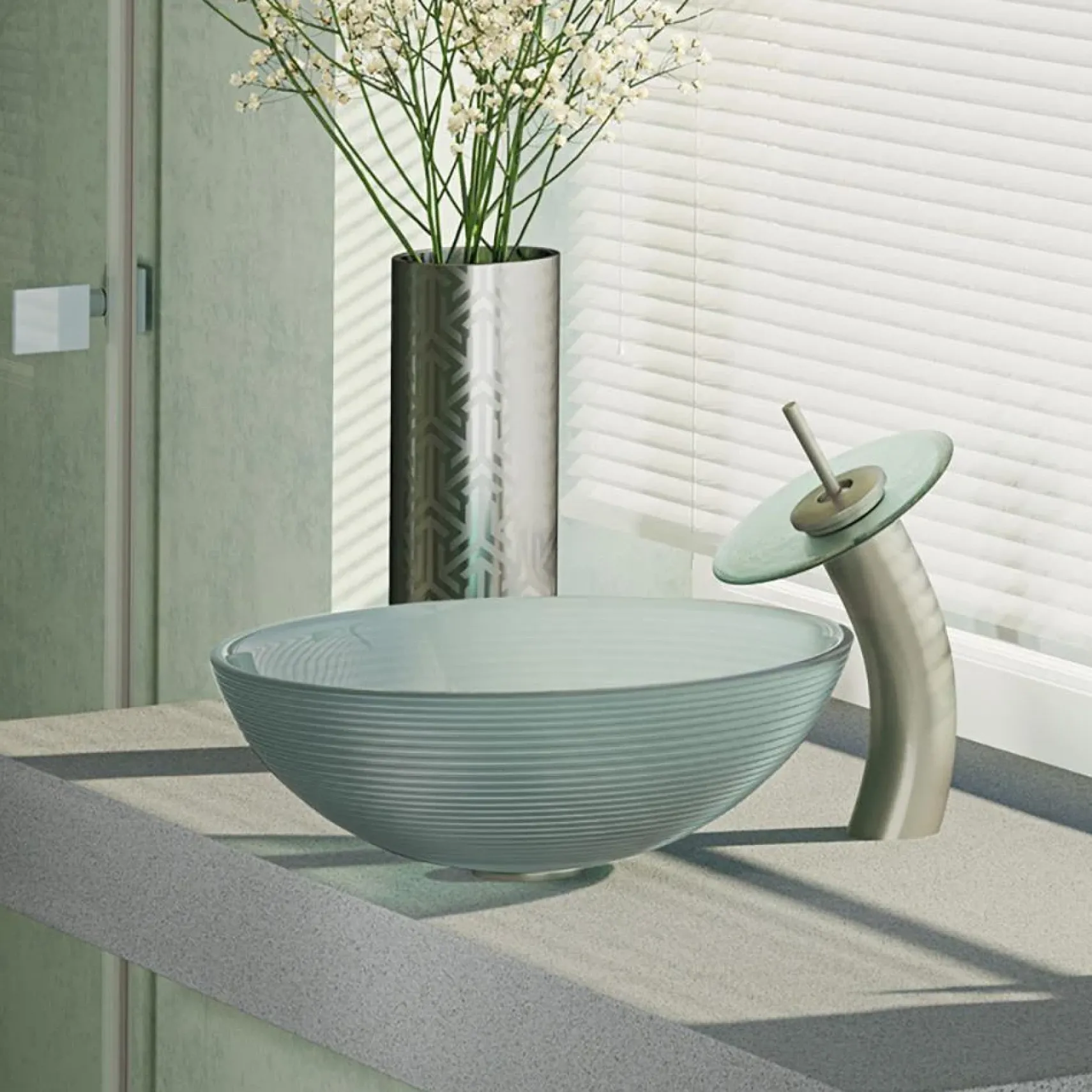 Rene 17" Round Glass Bathroom Sink, Sparkling Silver, with Faucet, R5-5034-WF-BN