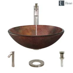 Rene 17" Round Glass Bathroom Sink, Multi-Color, with Faucet, R5-5014-R9-7006-BN