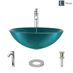 Rene 17" Round Glass Bathroom Sink, Cerulean, with Faucet, R5-5001-CER-R9-7006-C