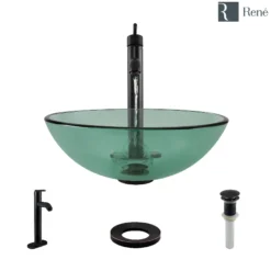 Rene 17" Round Glass Bathroom Sink, Ivy, with Faucet, R5-5001-IVY-R9-7001-ABR