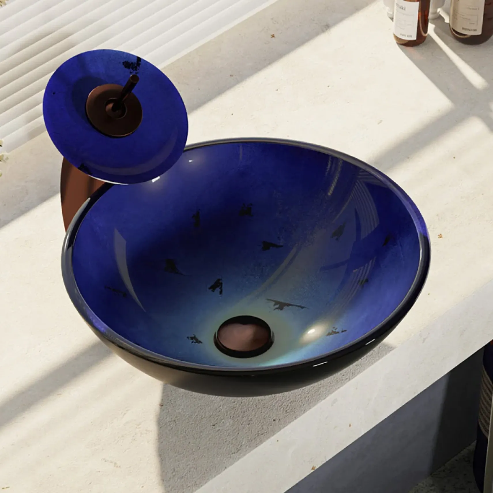 Rene 17" Round Glass Bathroom Sink, Gradient Blue, with Faucet, R5-5008-WF-ORB