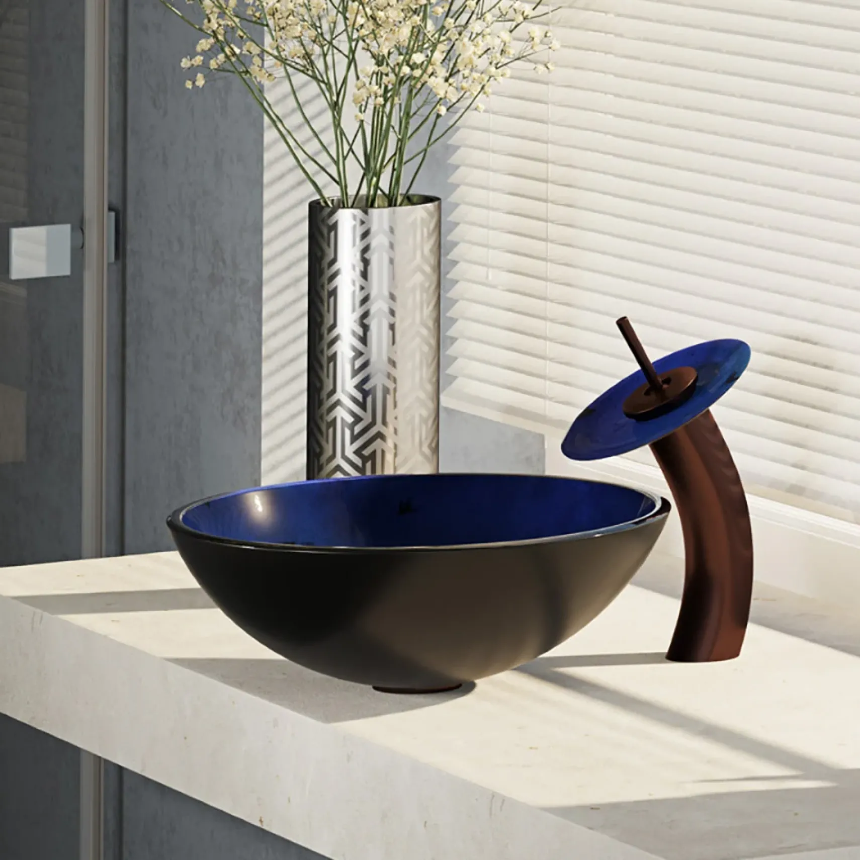 Rene 17" Round Glass Bathroom Sink, Gradient Blue, with Faucet, R5-5008-WF-ORB