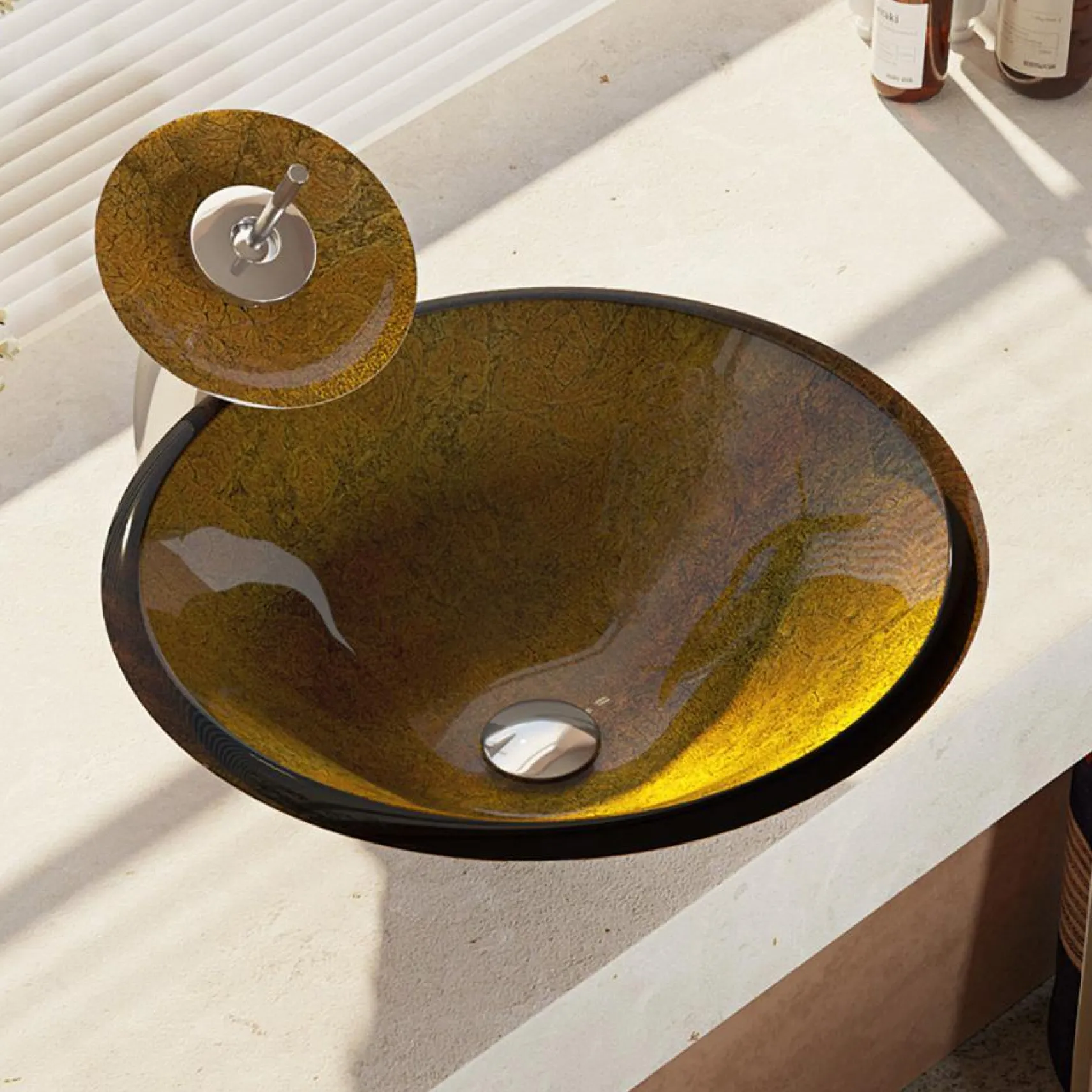 Rene 18" Round Glass Bathroom Sink, Orange Gold Foil, with Faucet, R5-5013-WF-C