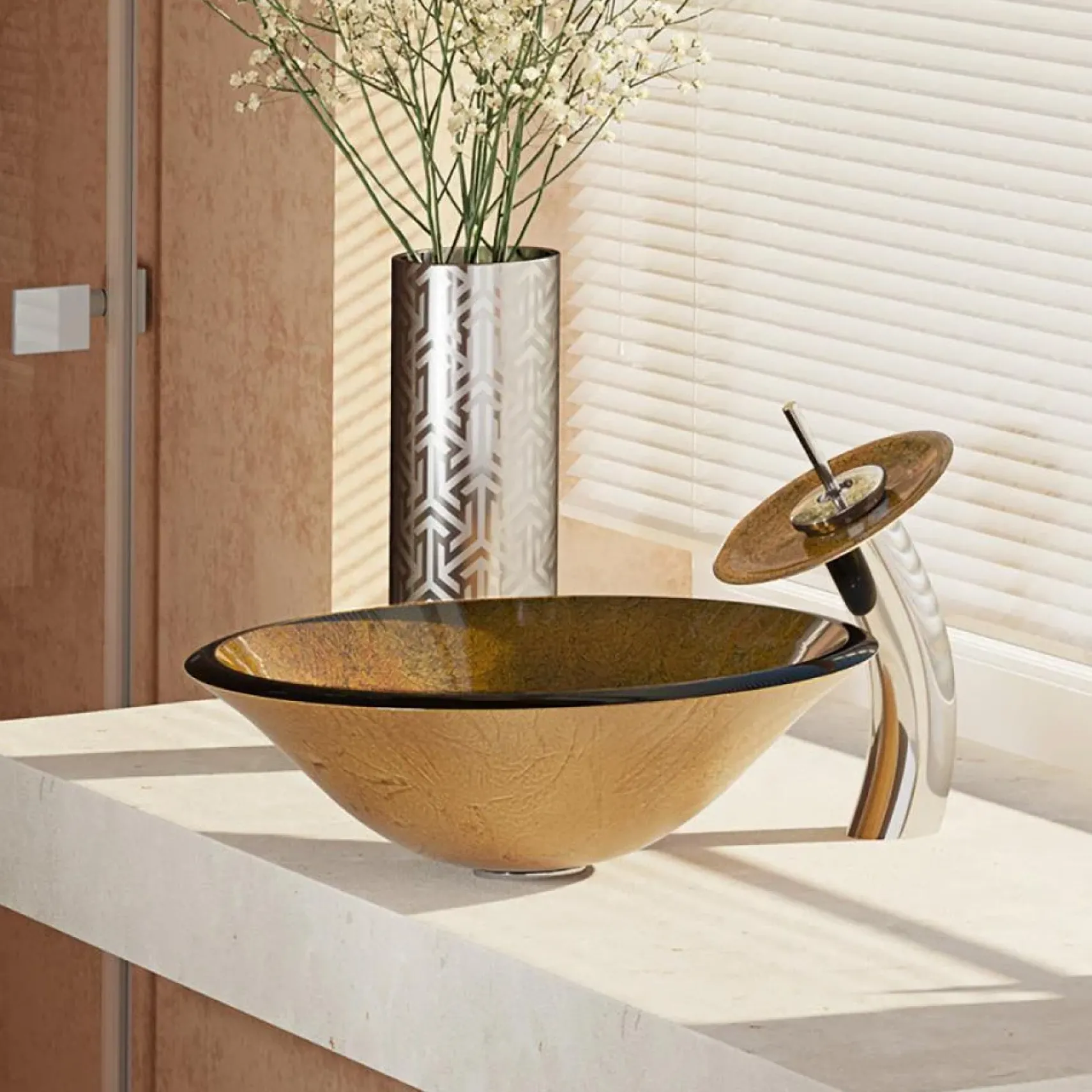 Rene 18" Round Glass Bathroom Sink, Orange Gold Foil, with Faucet, R5-5013-WF-C