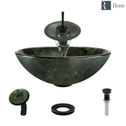 Rene 17" Round Glass Bathroom Sink, Forest Green, with Faucet, R5-5027-WF-ABR