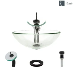 Rene 17" Round Glass Bathroom Sink, Crystal, with Faucet, R5-5001-CRY-WF-ABR