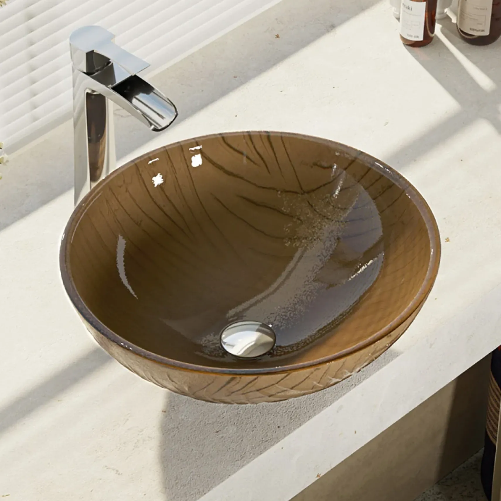 Rene 17" Round Glass Bathroom Sink, Beach Sand, with Faucet, R5-5025-R9-7007-C