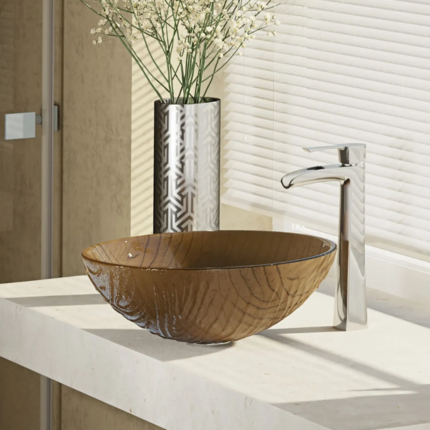 Rene 17" Round Glass Bathroom Sink, Beach Sand, with Faucet, R5-5025-R9-7007-C