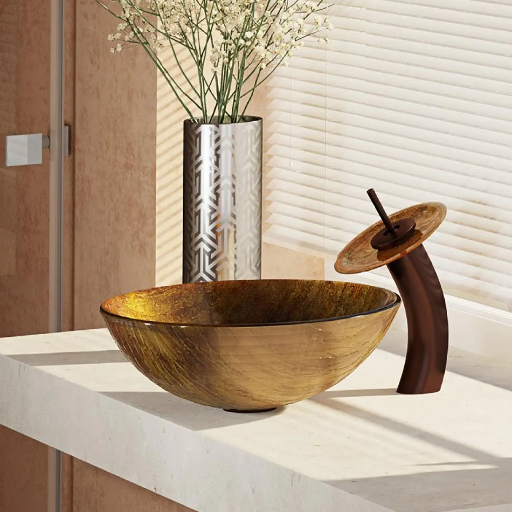Rene 17" Round Glass Bathroom Sink, Bronze, with Faucet, R5-5030-WF-ORB