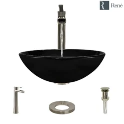 Rene 17" Round Glass Bathroom Sink, Noir, with Faucet, R5-5001-NOR-R9-7007-BN