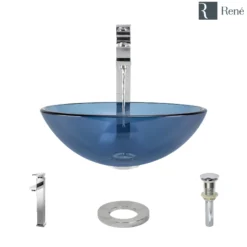Rene 17" Round Glass Bathroom Sink, Celeste, with Faucet, R5-5001-CEL-R9-7003-C